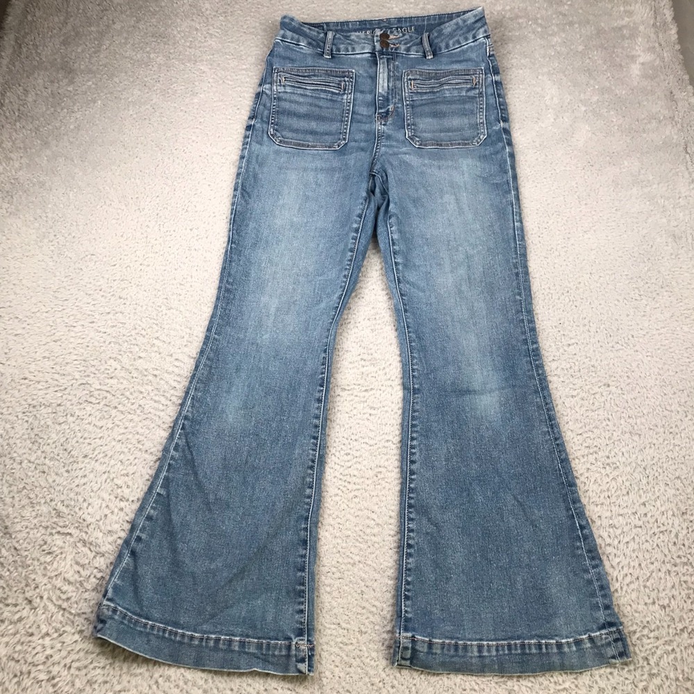 American Eagle Curvy Super Hi Rise Flare Jeans Womens 8 (29x29)Blue Patch Pocket